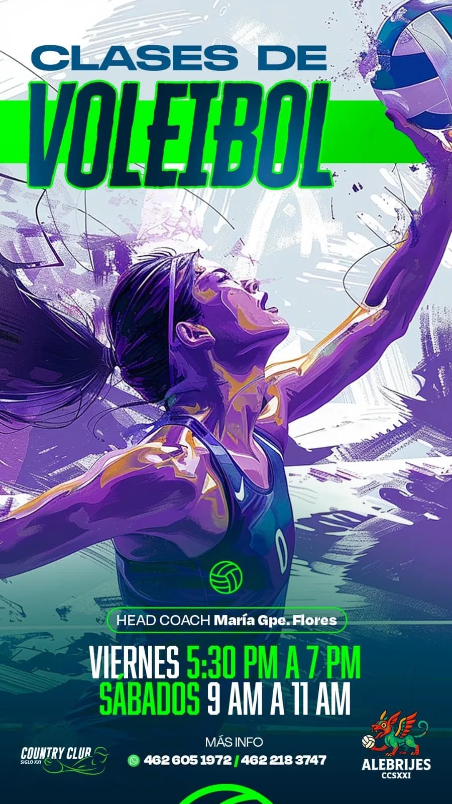 Clases de Voleibol — Viernes 5:30 PM a 7 PM y Sábados 9 AM a 11 AM. Head Coach María Gpe. Flores.